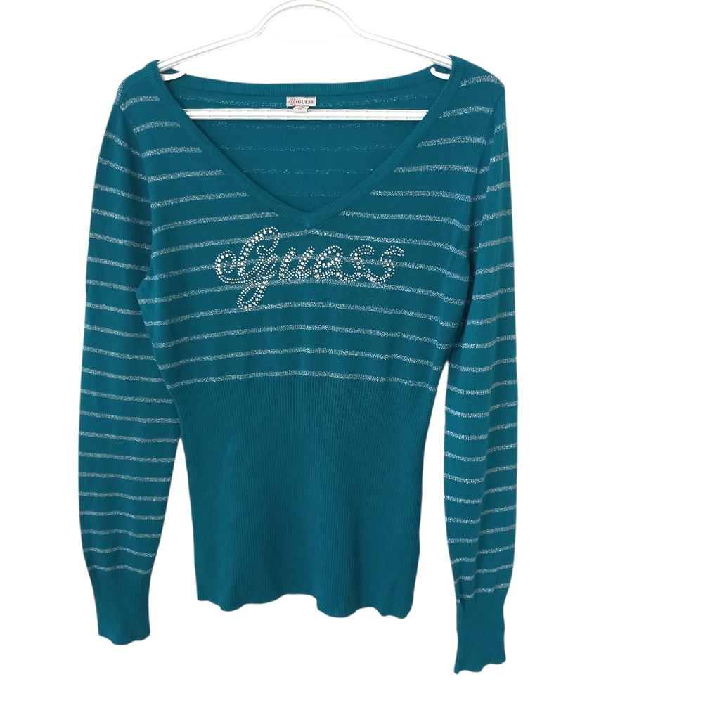 Guess Women's Blue V-Neck Striped Sweater Size L US
